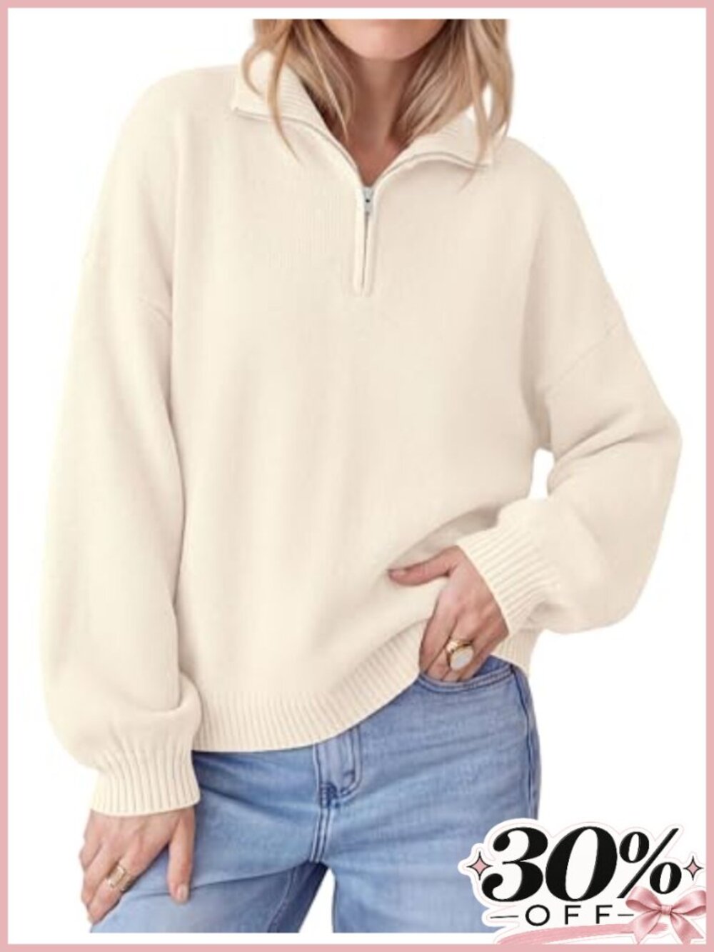 Quarter Zip Pullover Sweater Oversized Collared Knit Women's Fall